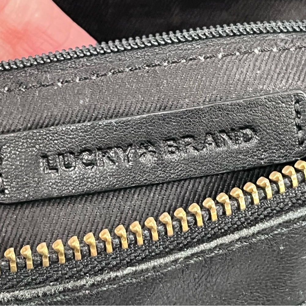 Lucky Brand Black Leather Crossbody Bag, Woven Front, Adj Strap, Zip Closure(s) - Picture 11 of 17